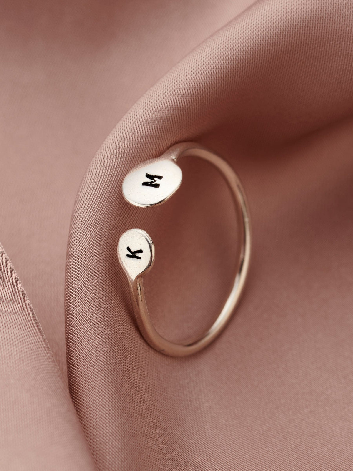 Posh Totty Designs silver open ring with mother and baby initials, UK version