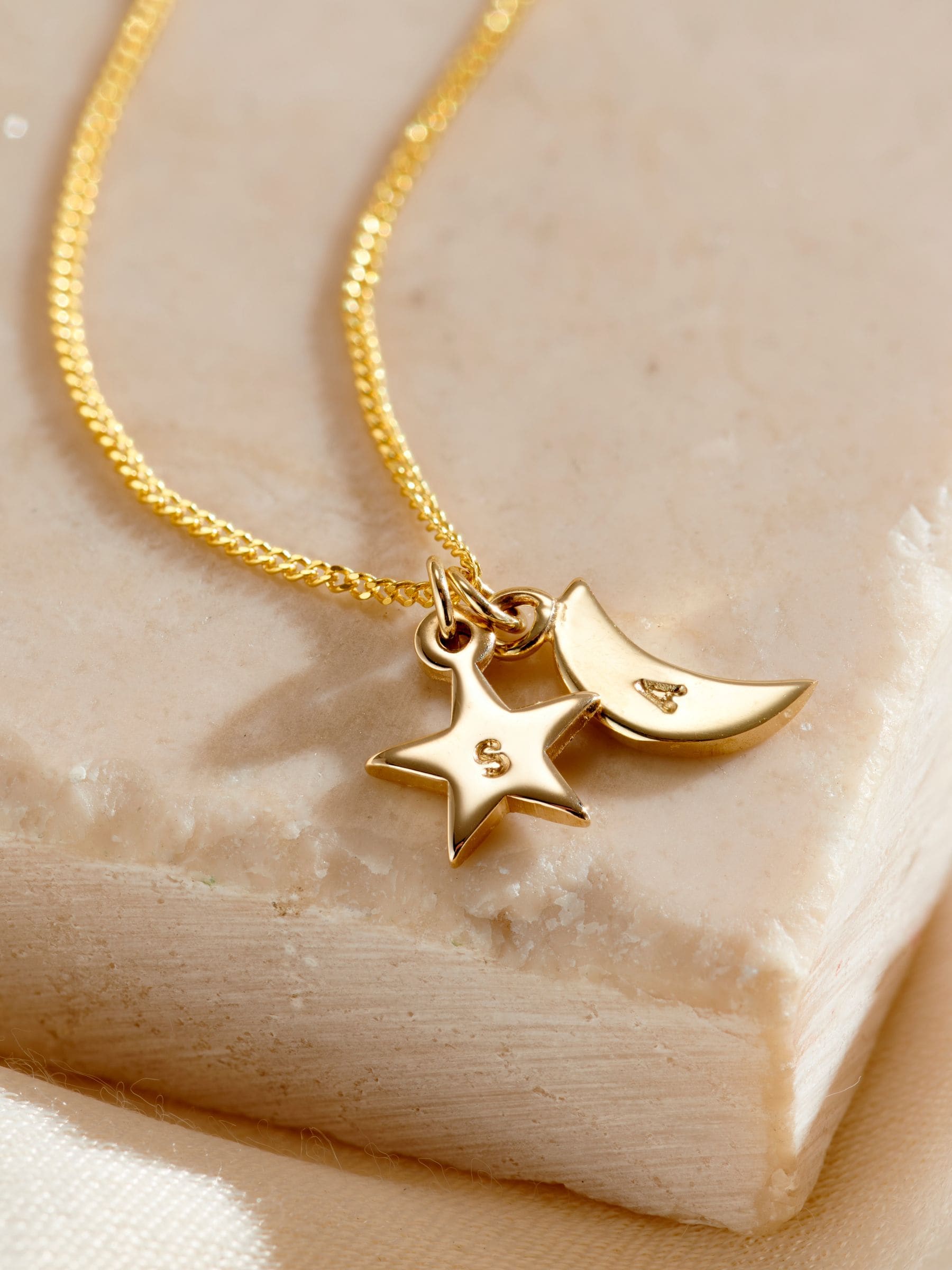 Posh Totty Designs personalised moon and star necklace 9ct gold, imported from the UK