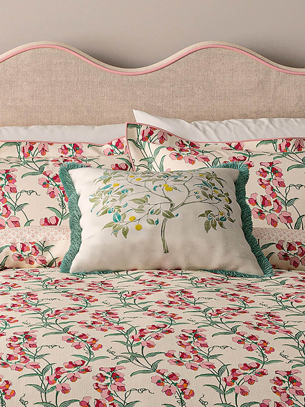 V&A green ornamental tree cushion 45x45cm, imported from the UK