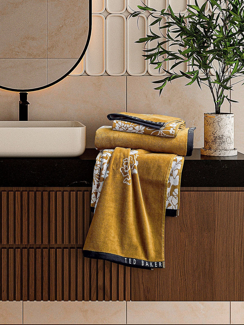 Ted Baker gold wisteria cotton bath towel, imported from the UK