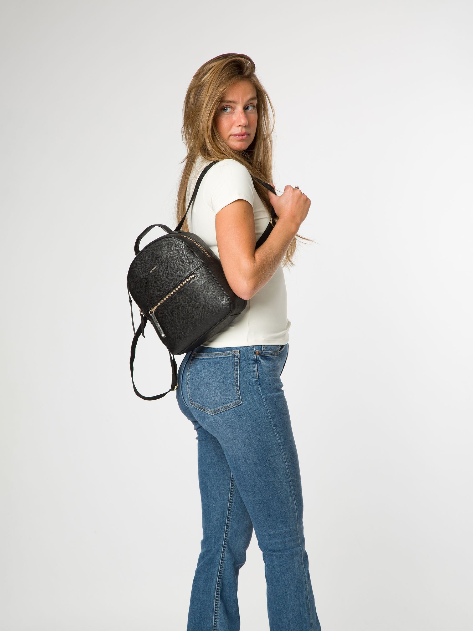 Pure Luxuries London black Sophia leather backpack, imported from the UK