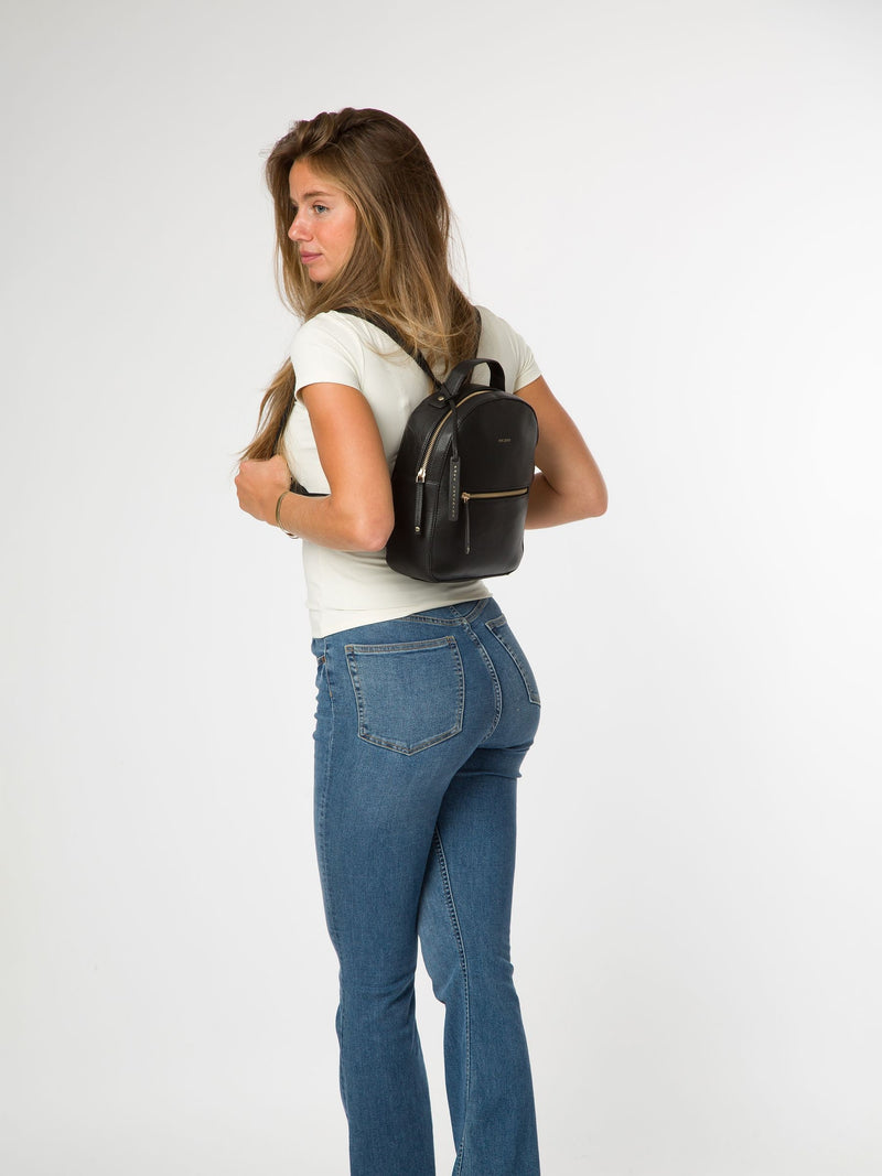 Pure Luxuries London black Sophia leather backpack, imported from the UK