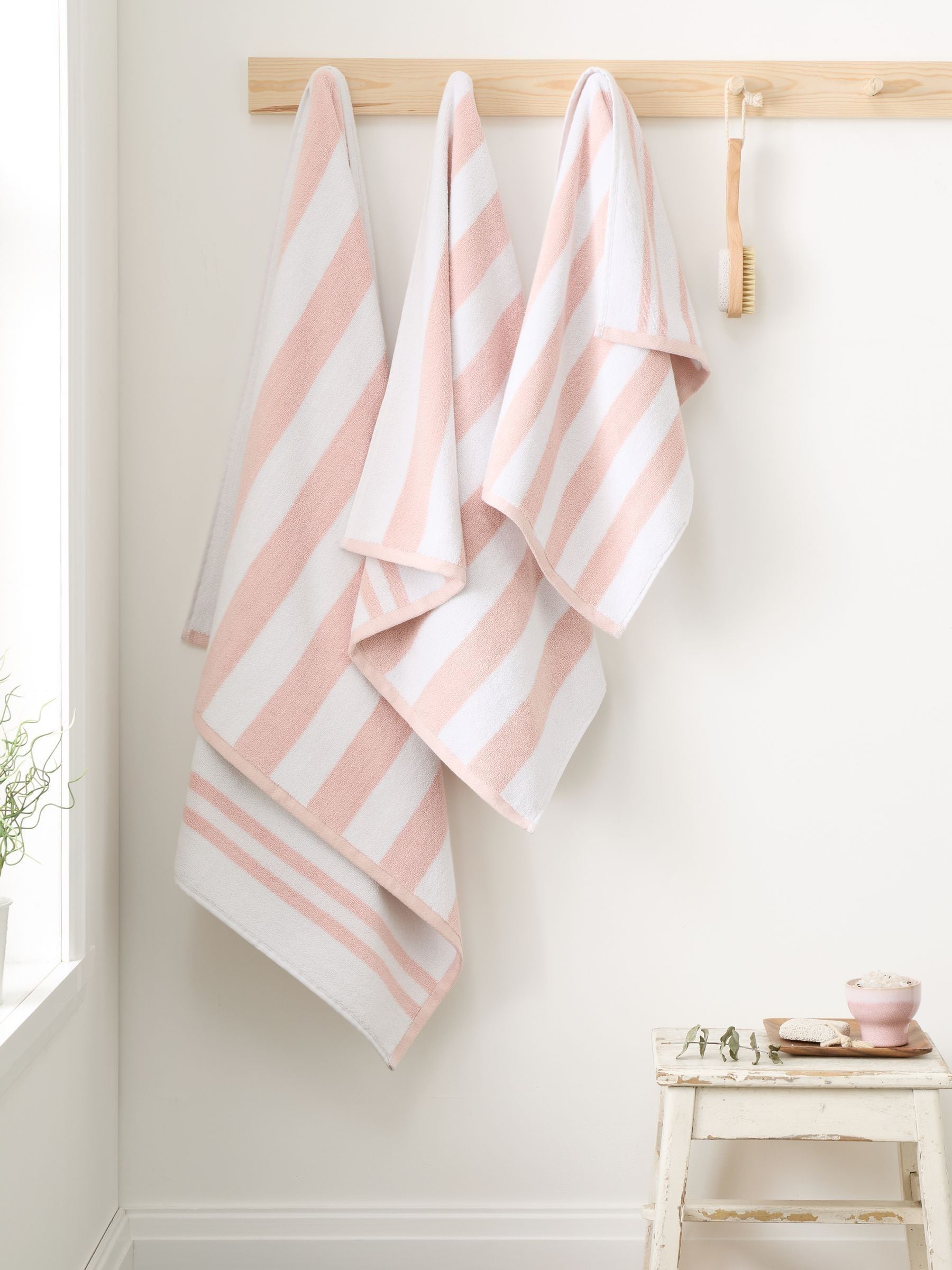 Bianca blush pink reversible stripe jacquard towel (British brand)