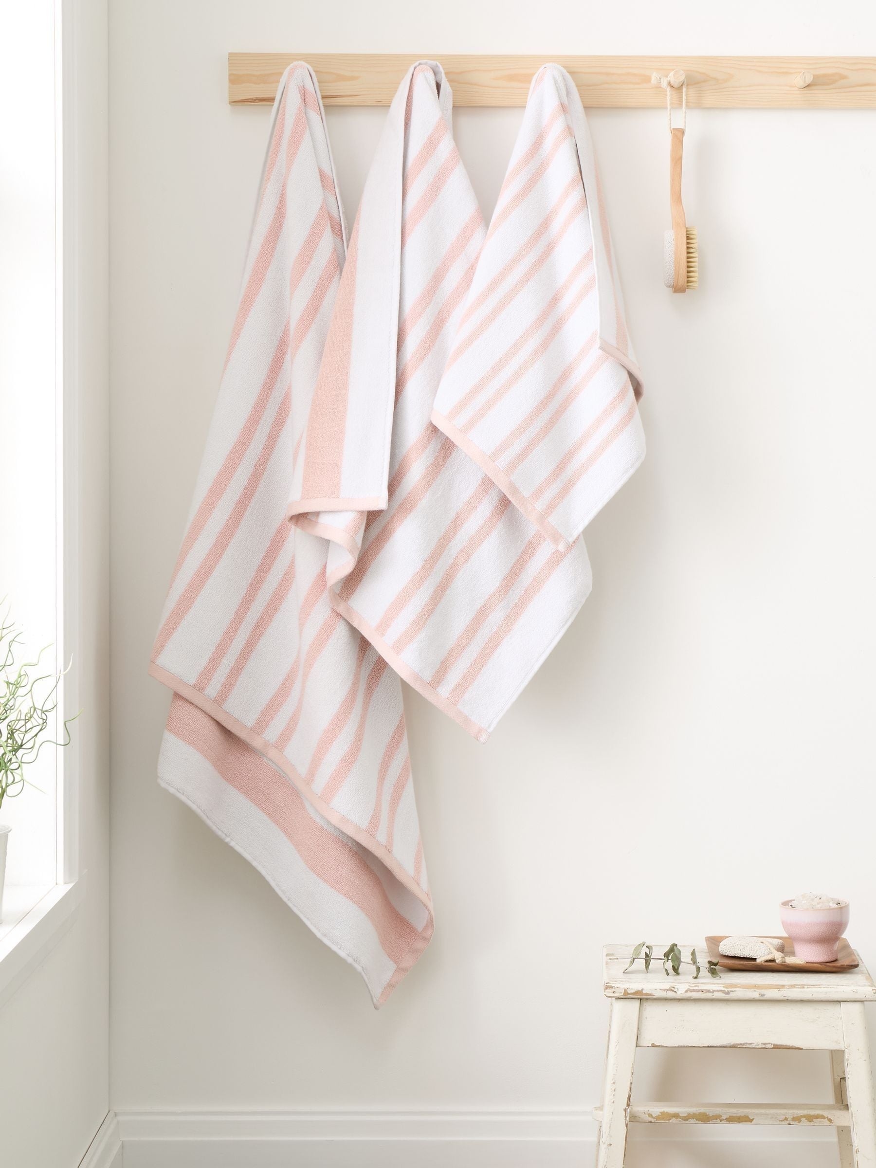 Bianca blush pink reversible stripe jacquard towel (British brand)