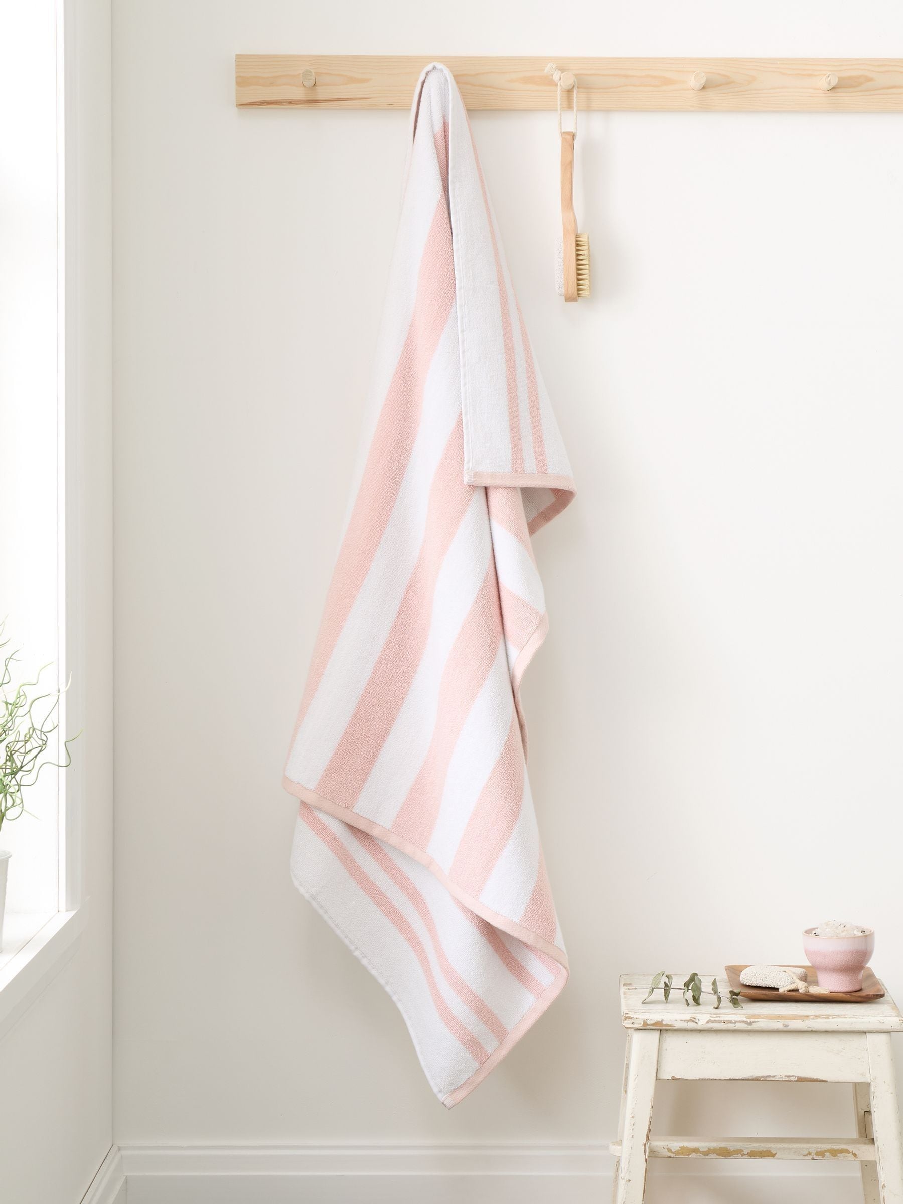 Bianca blush pink reversible stripe jacquard towel (British brand)