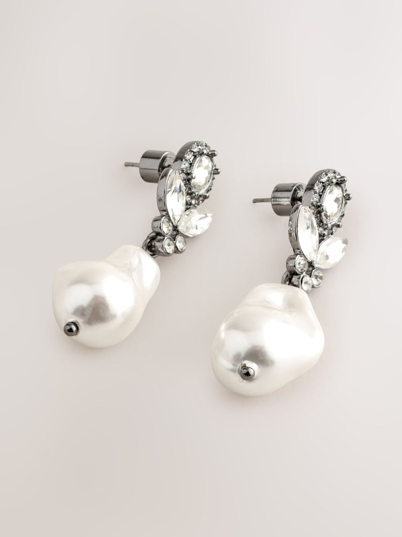 Sparkle pearl effect drop earrings pewter tone, UK version