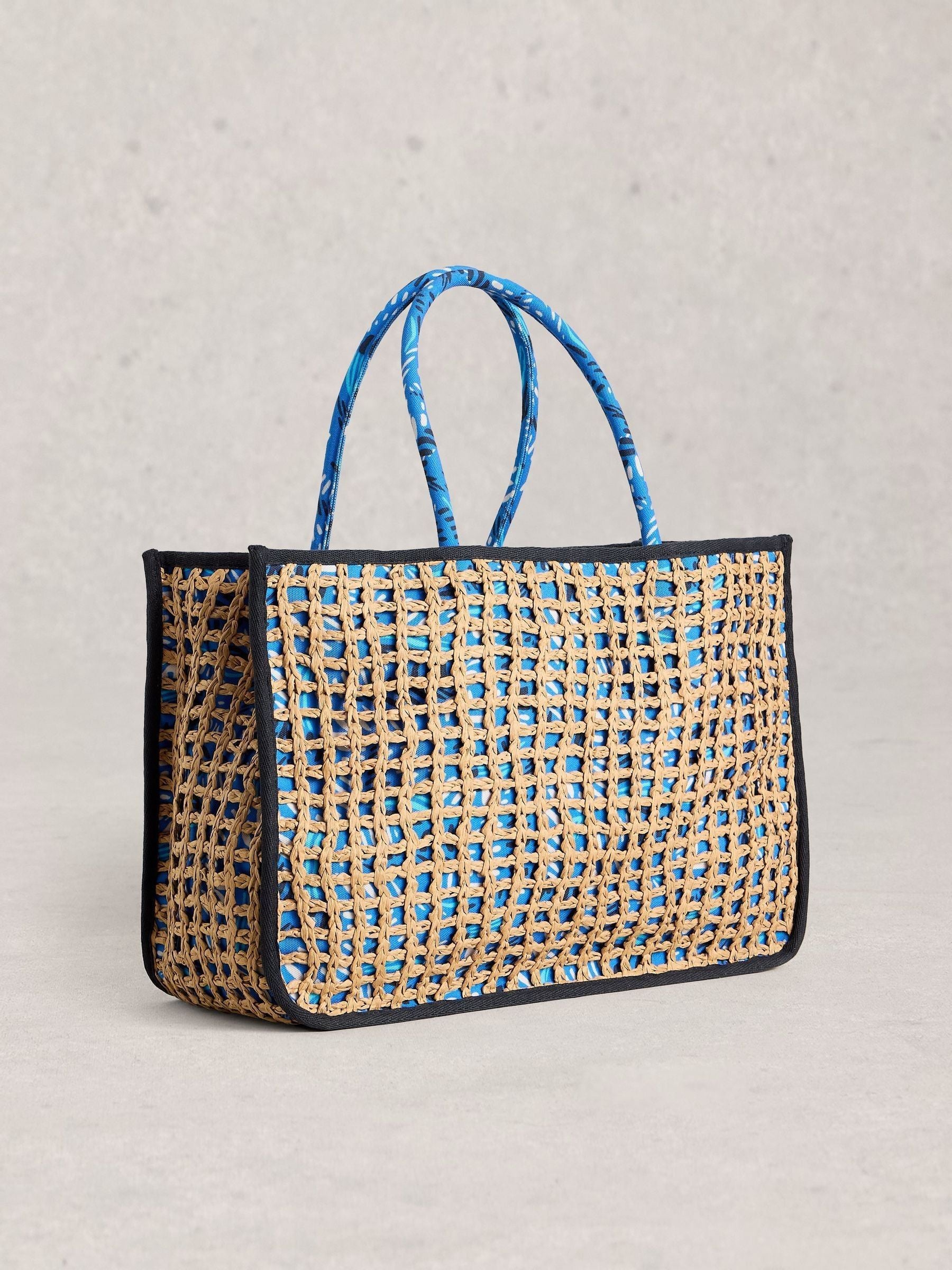 White Stuff Blue Tote Bag with jungle print and leather handles (British brand)