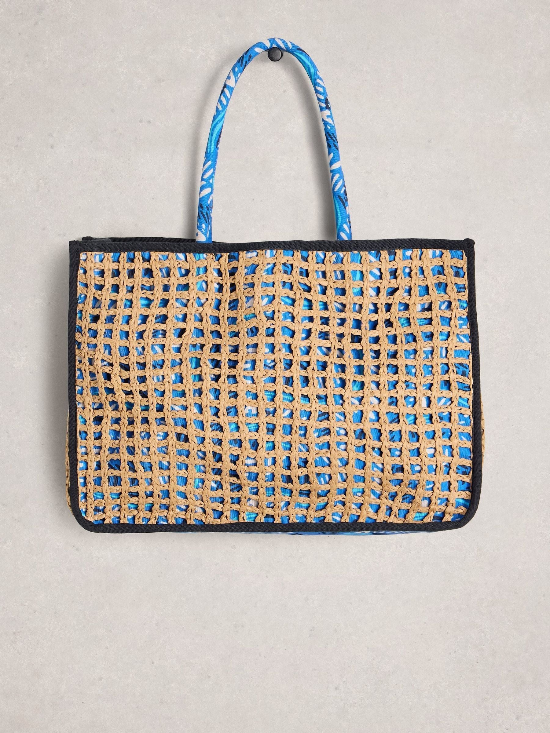 White Stuff Blue Tote Bag with jungle print and leather handles (British brand)