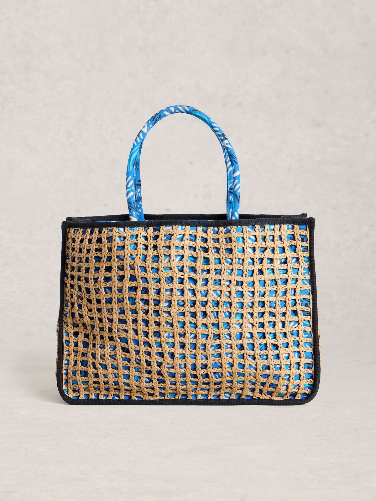 White Stuff Blue Tote Bag with jungle print and leather handles (British brand)