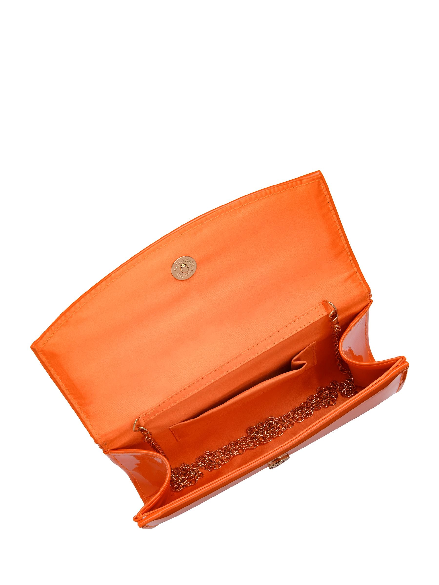 Ravel orange clutch bag patent finish metal chain, British brand