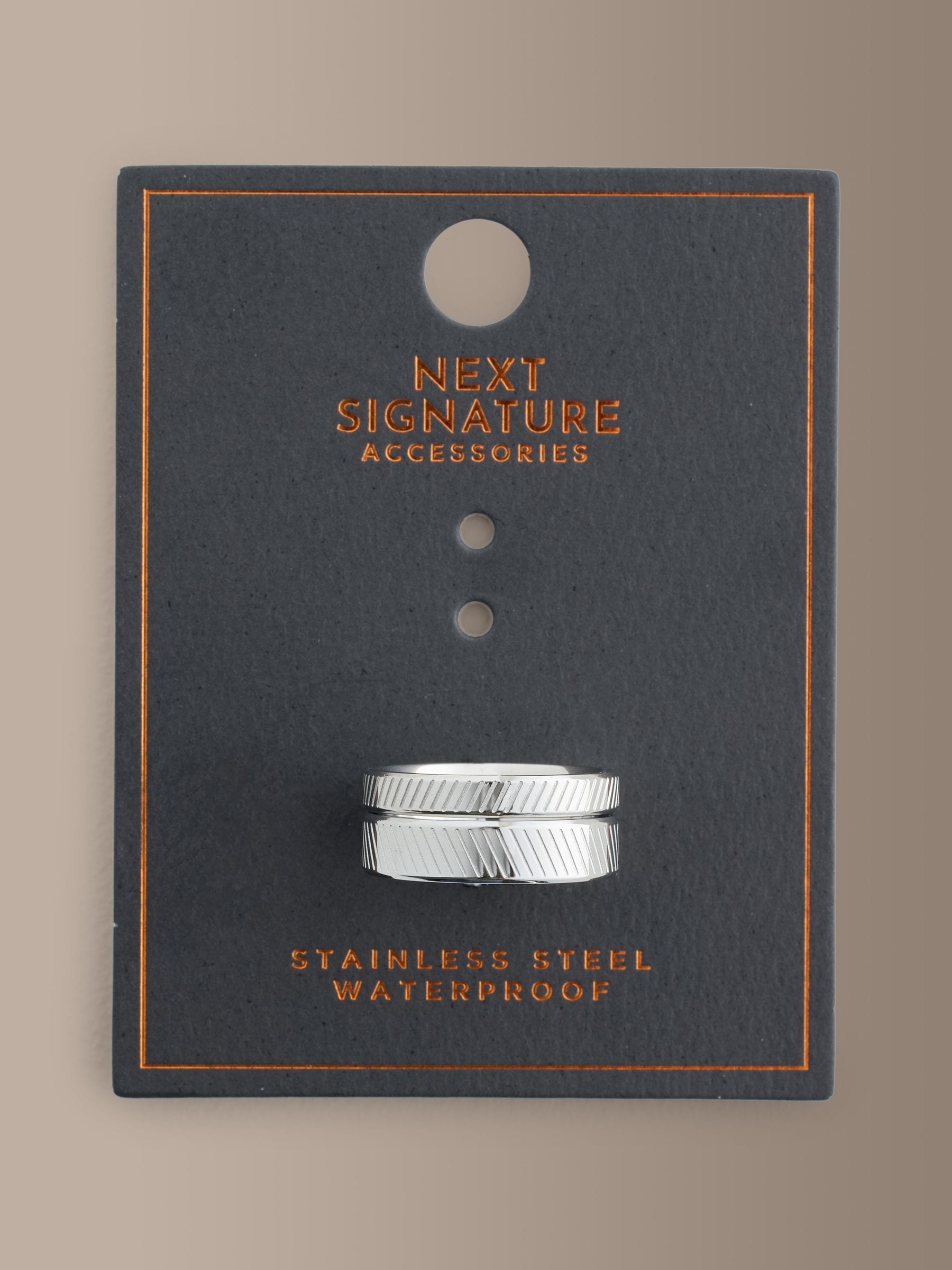 Silver tone stainless steel etched ring pack (British brand)