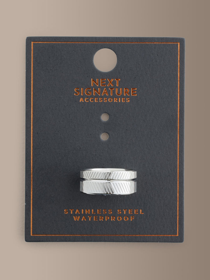 Silver tone stainless steel etched ring pack (British brand)