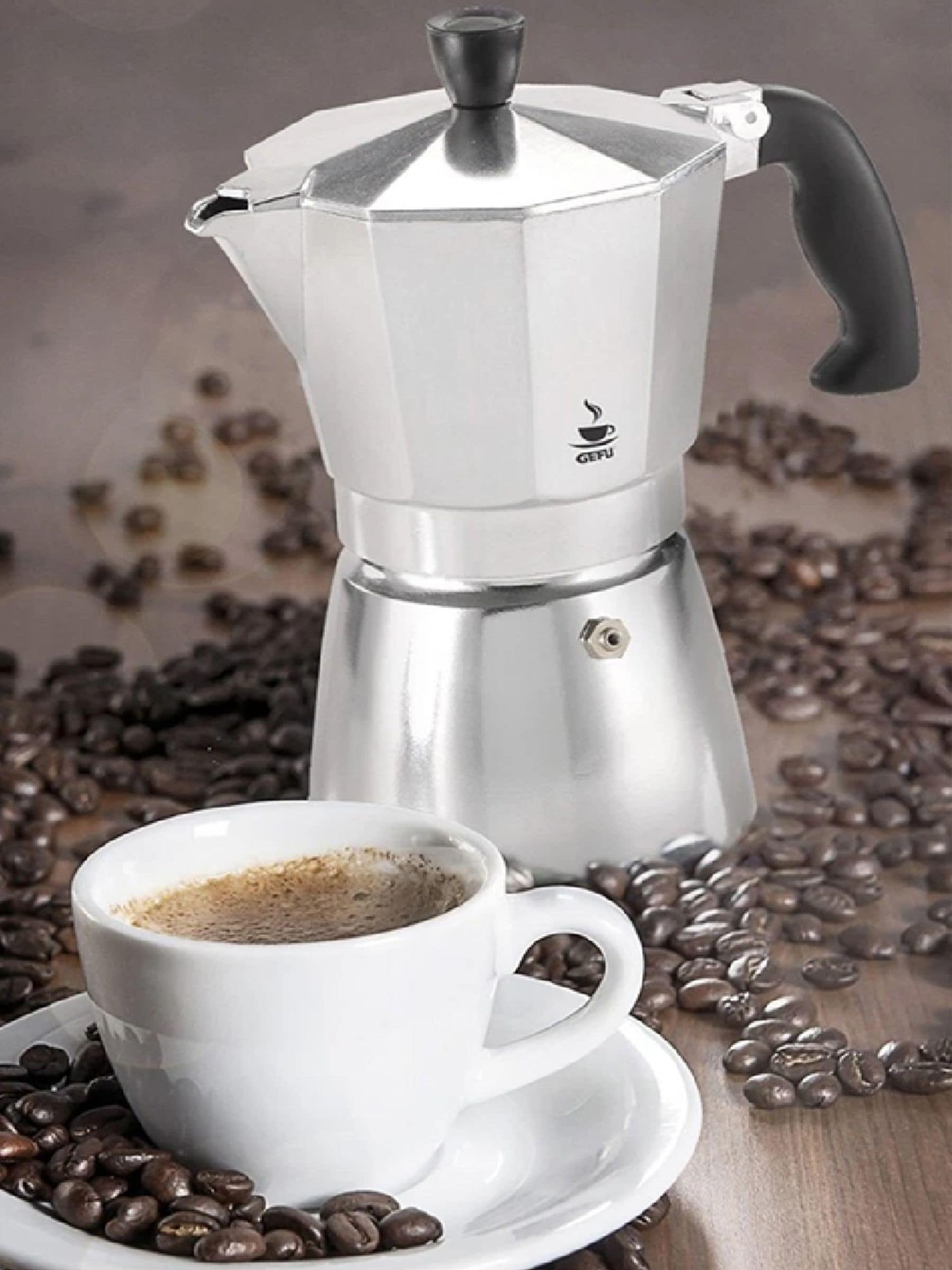GEFU Lucino aluminium espresso maker 6 cup, imported from the UK