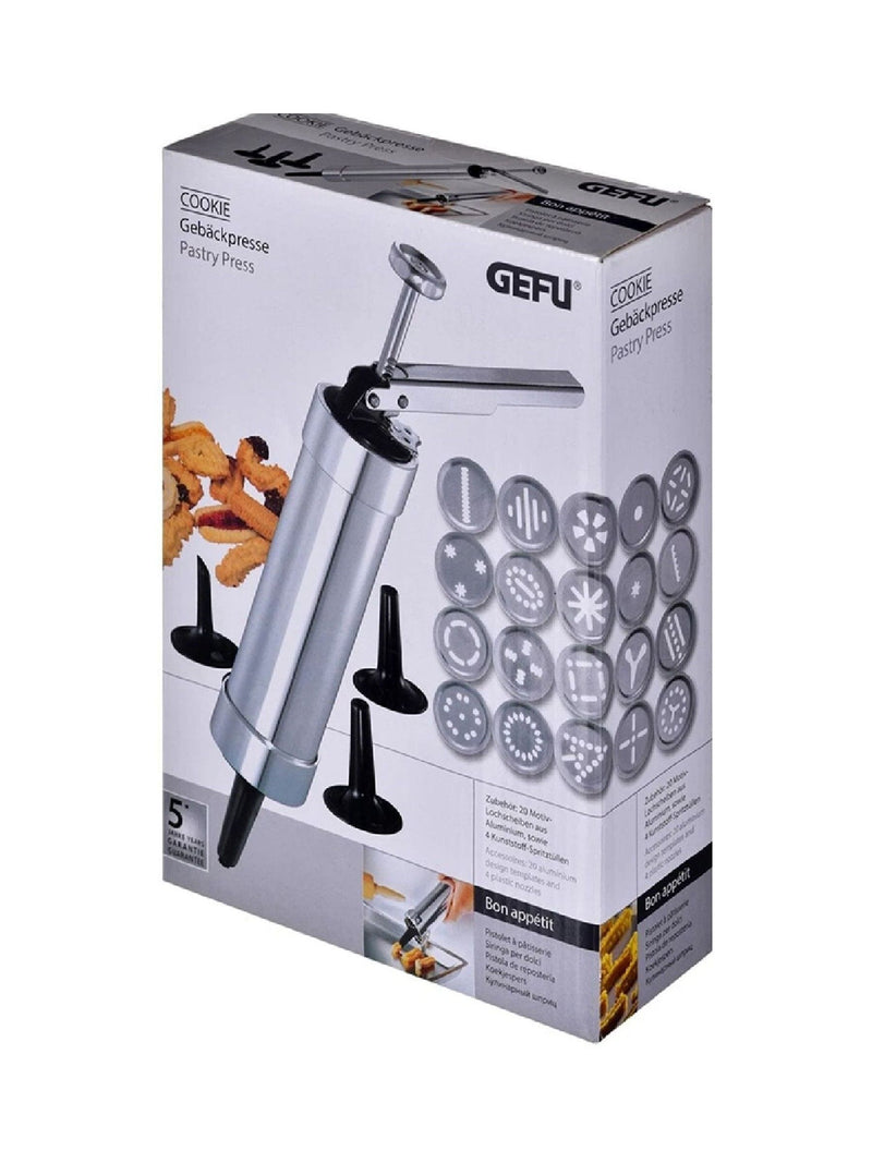 GEFU pastry press with 20 motif discs and 4 nozzles (British brand)