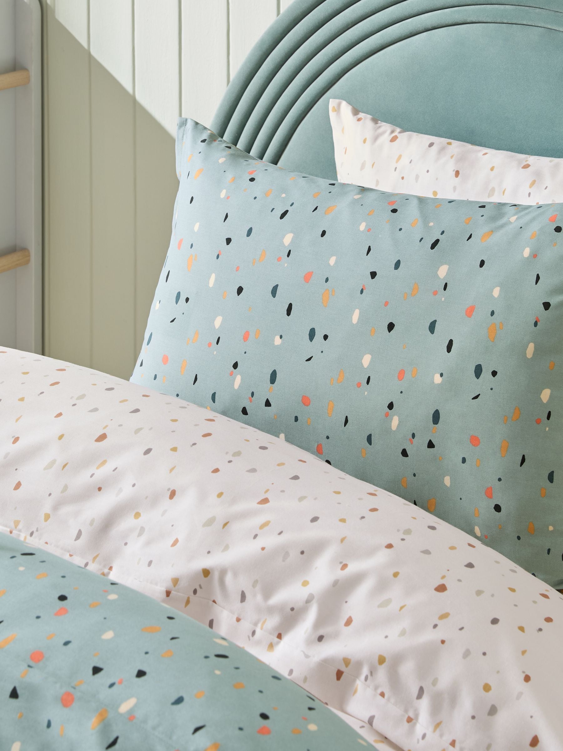 Teal Blue Terrazzo duvet cover and pillowcases set (British brand)