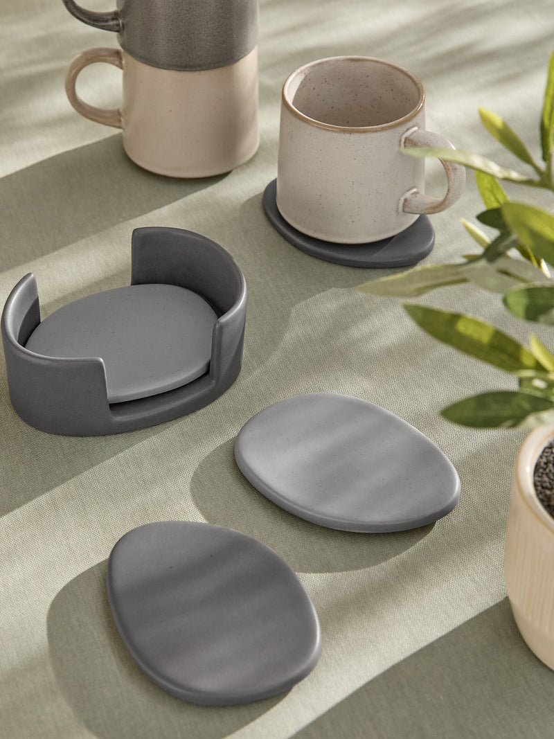 Natural Scandi Ceramic Pebble Coasters with Holder - Ceramic Coasters 10cm x 13.5cm