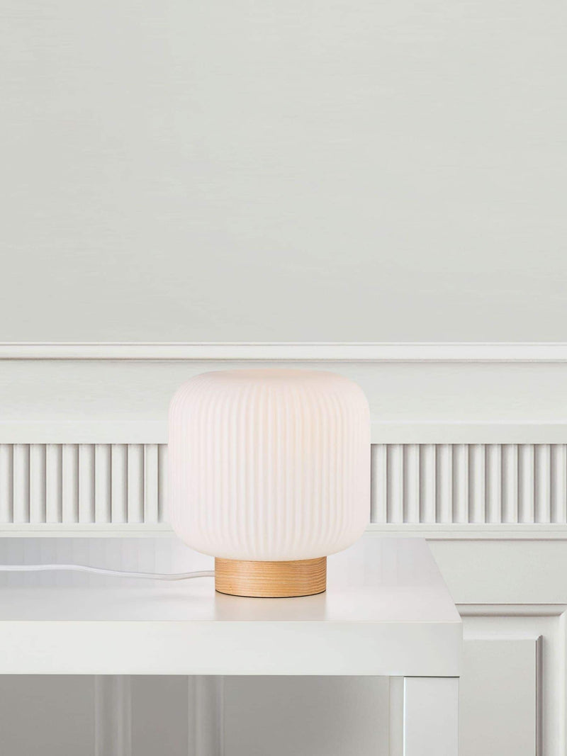 Nordlux Milford table lamp wood base opal glass, imported from the UK