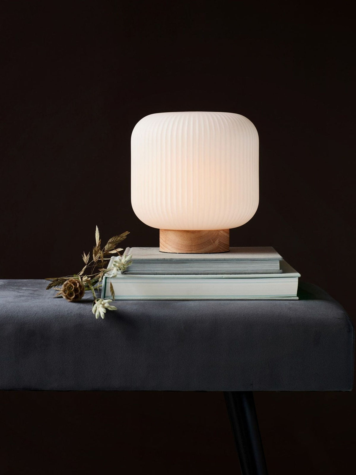 Nordlux Milford table lamp wood base opal glass, imported from the UK