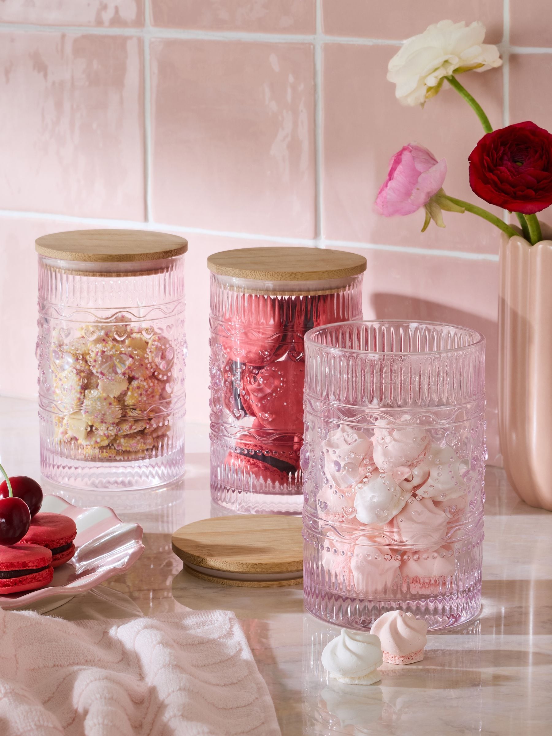 Pink pressed glass heart storage jar set, UK version
