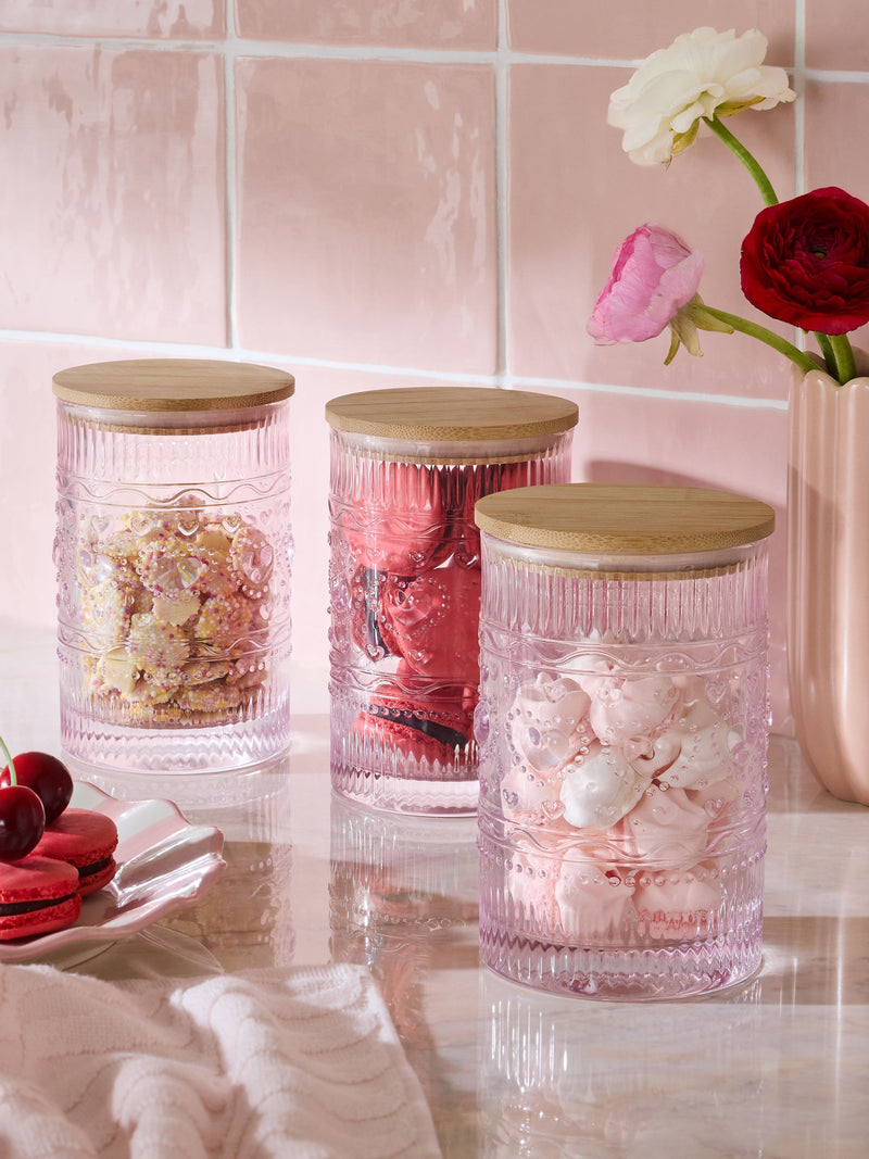 Pink pressed glass heart storage jar set, UK version