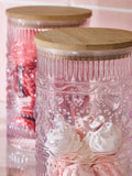 Pink pressed glass heart storage jar set, UK version