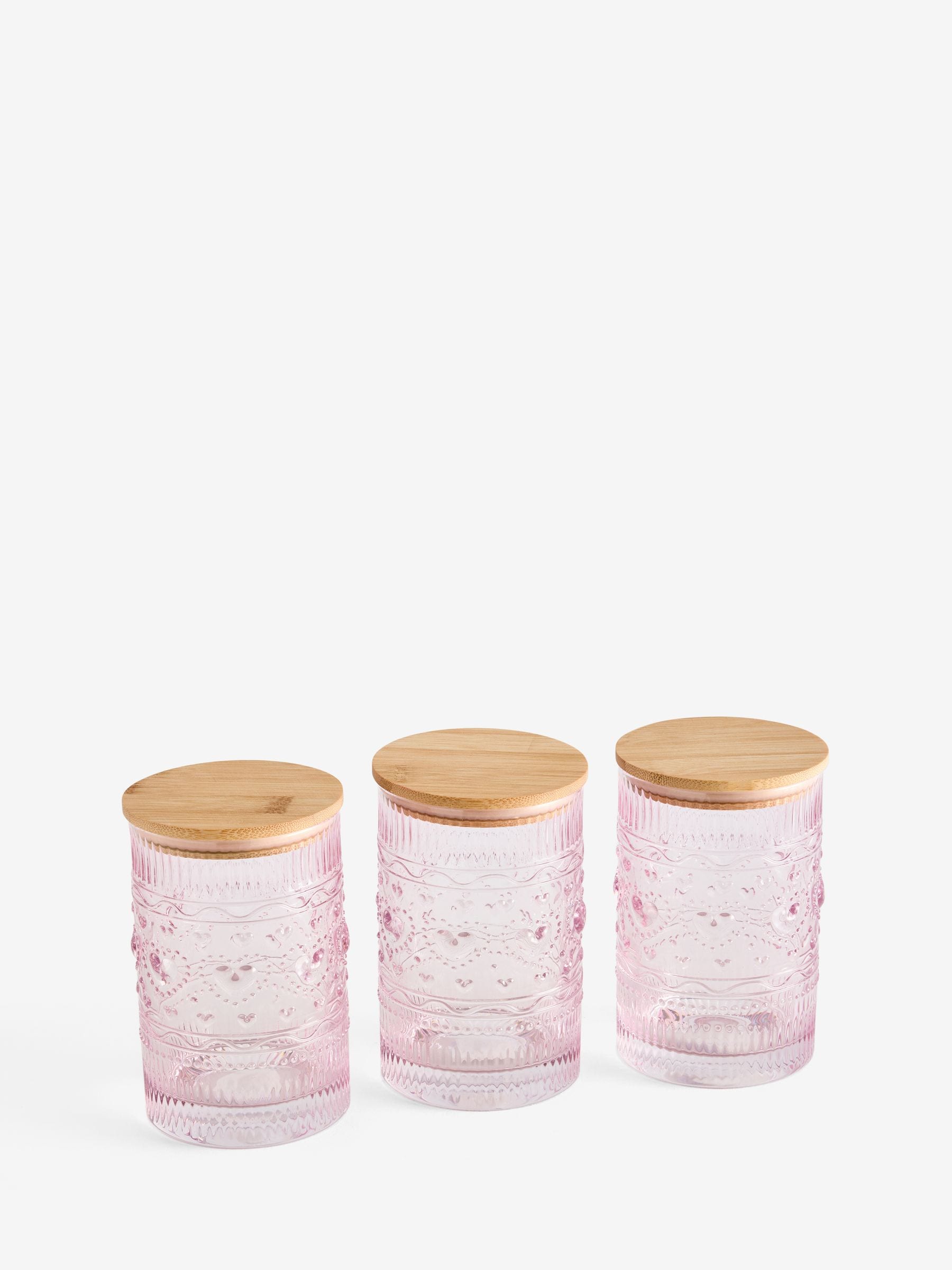 Pink pressed glass heart storage jar set, UK version