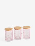 Pink pressed glass heart storage jar set, UK version
