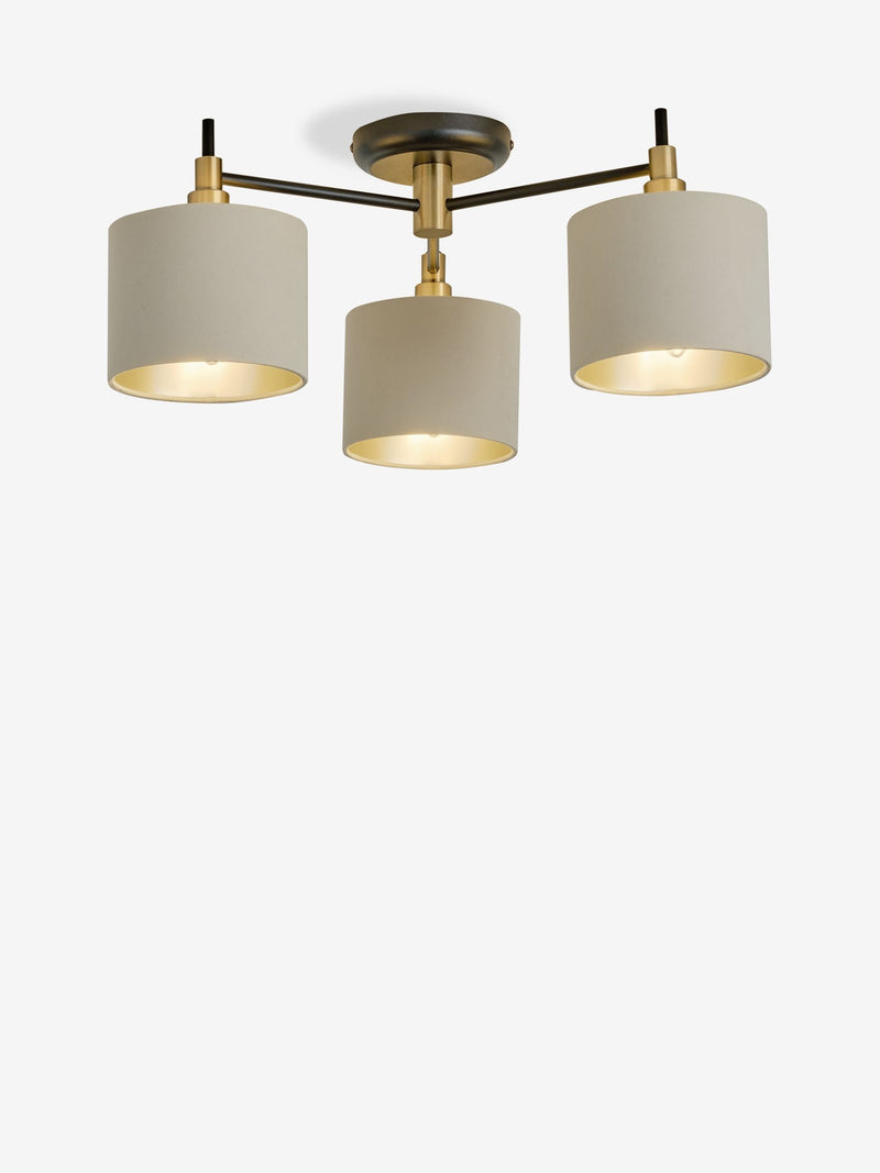 Hudson 3 light flush ceiling light with fabric shades, UK version