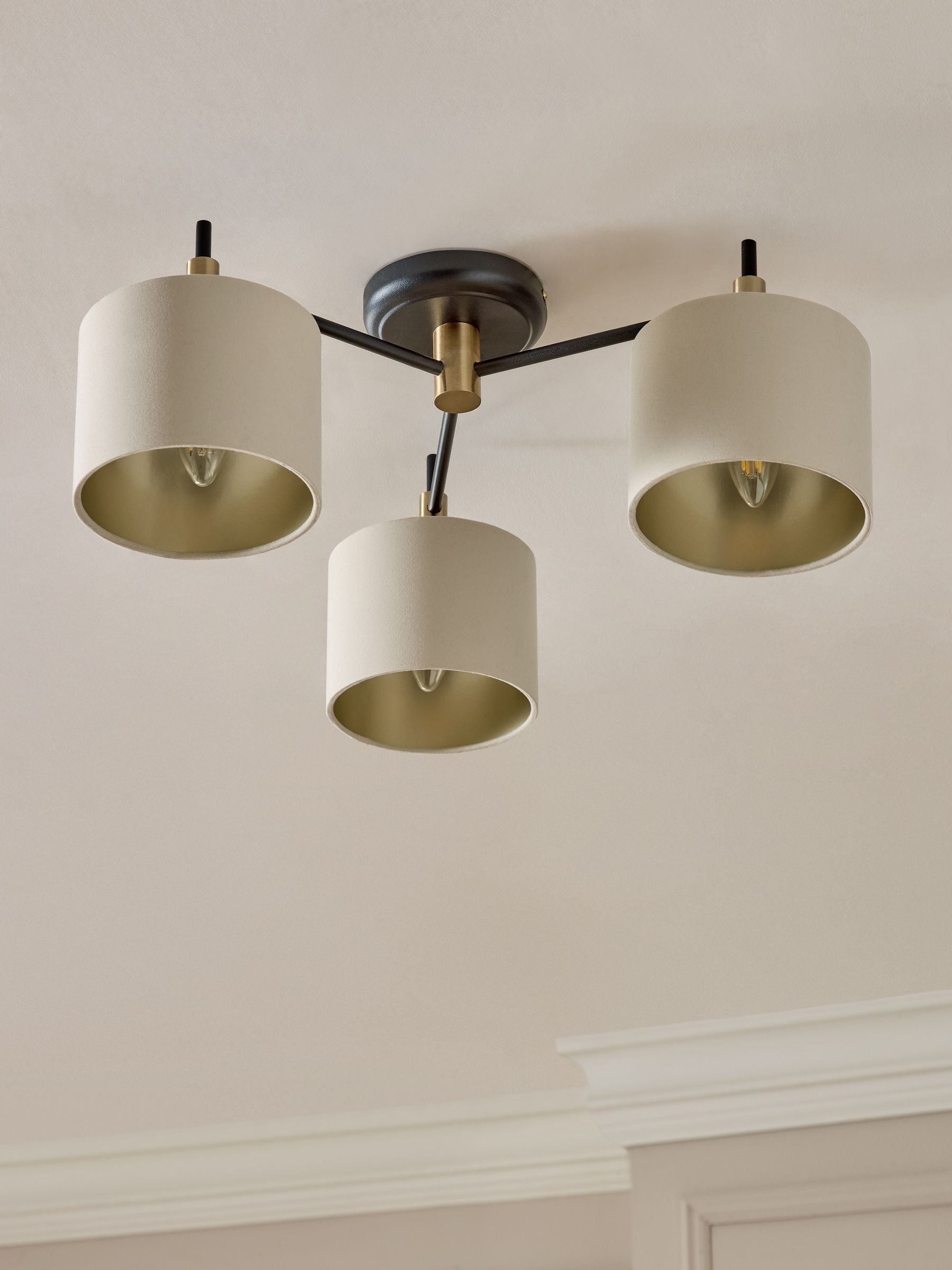 Hudson 3 light flush ceiling light with fabric shades, UK version