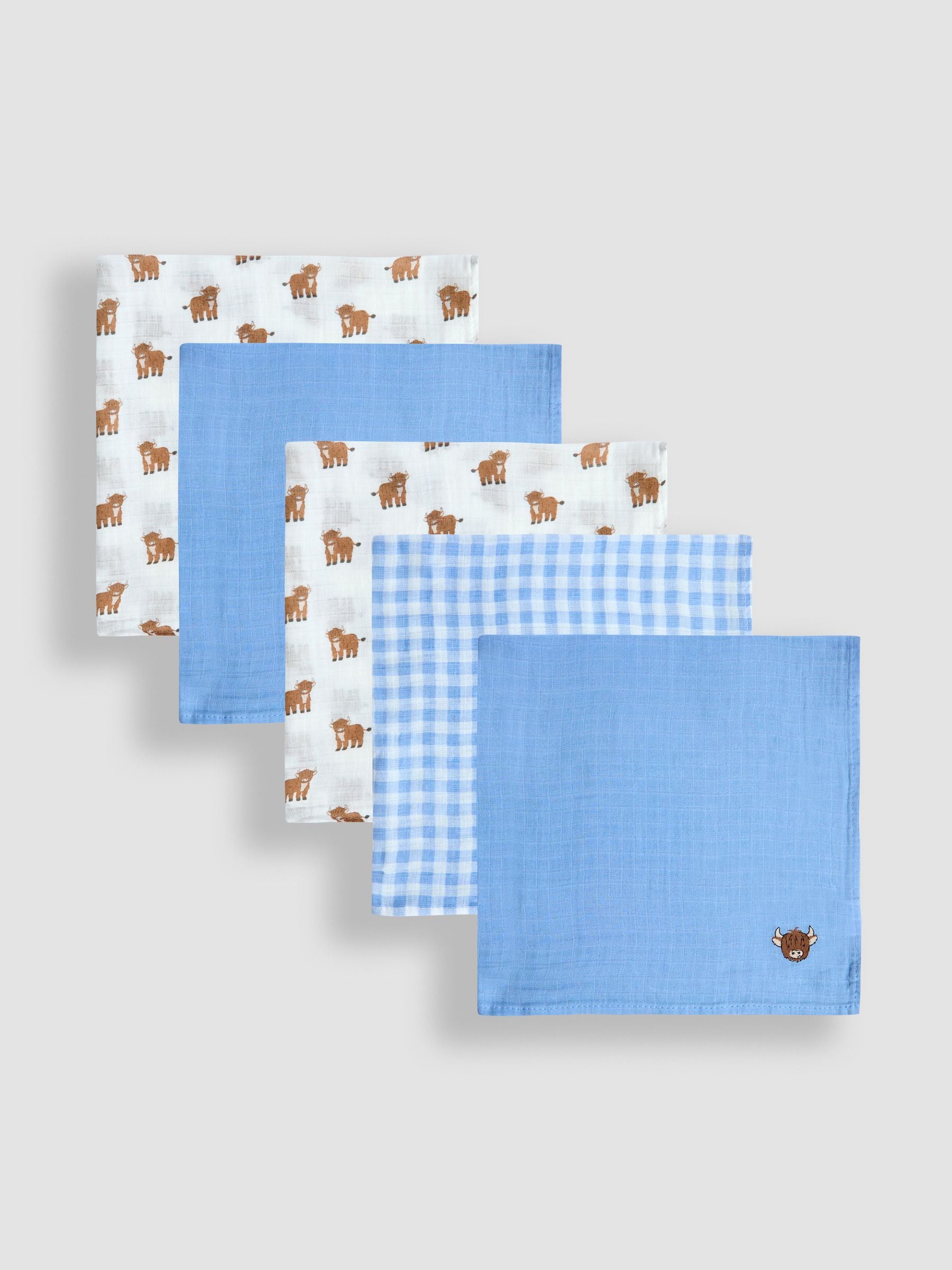 JoJo Maman Bébé highland cow muslin cloths 5-pack 60x60cm, UK version