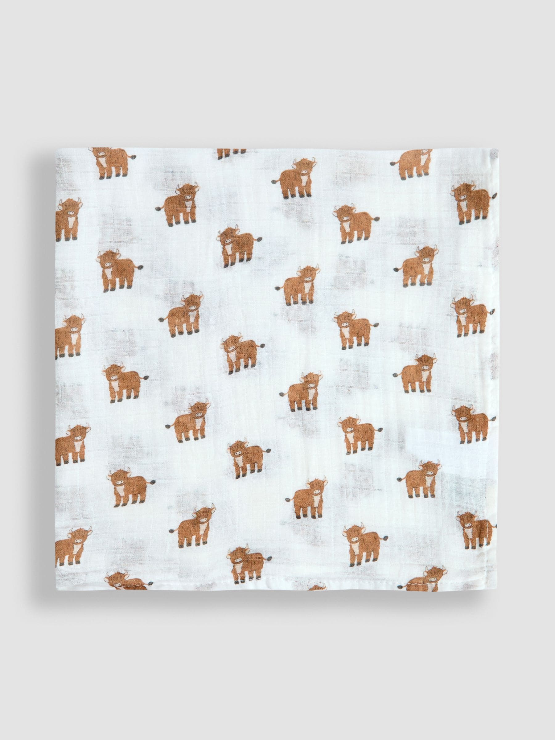 JoJo Maman Bébé highland cow muslin cloths 5-pack 60x60cm, UK version