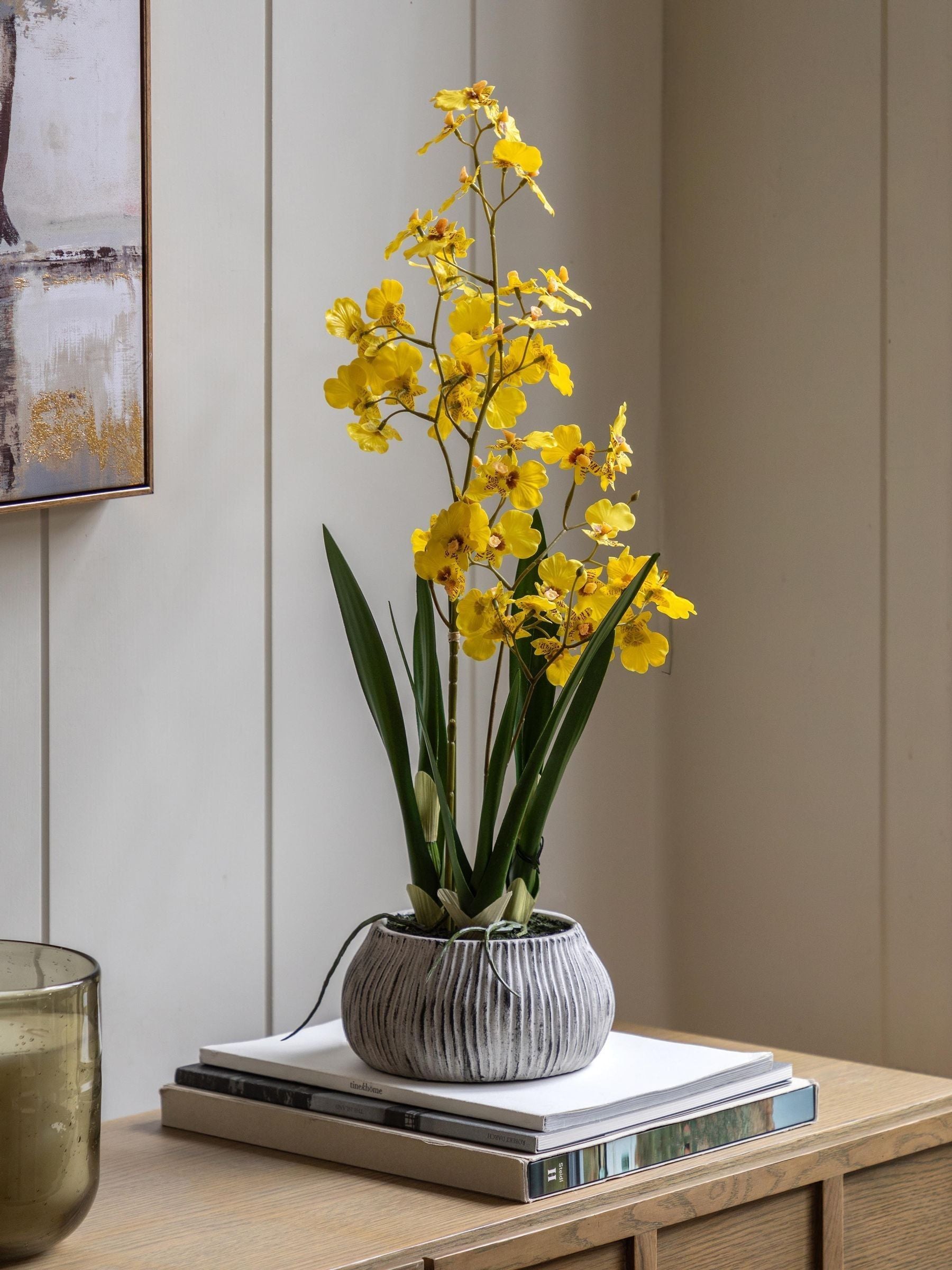 Gallery Home White Faux Orchid in Low Ceramic Pot