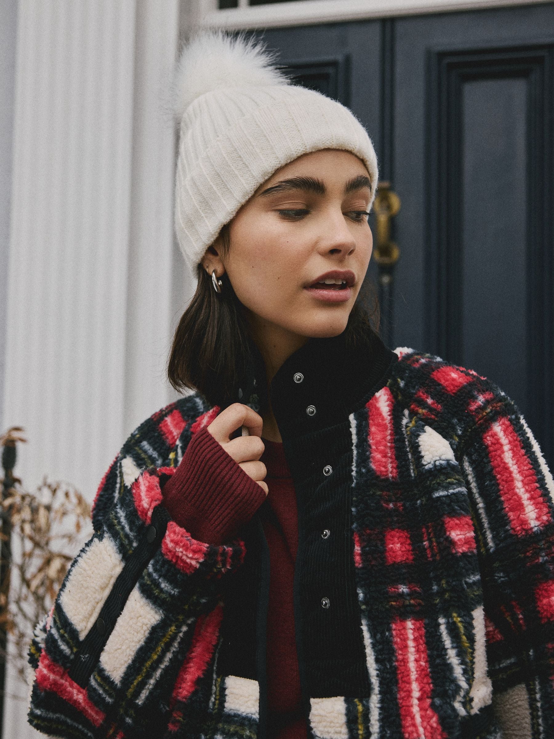 Ecru rib knit beanie with pom pom, imported from the UK
