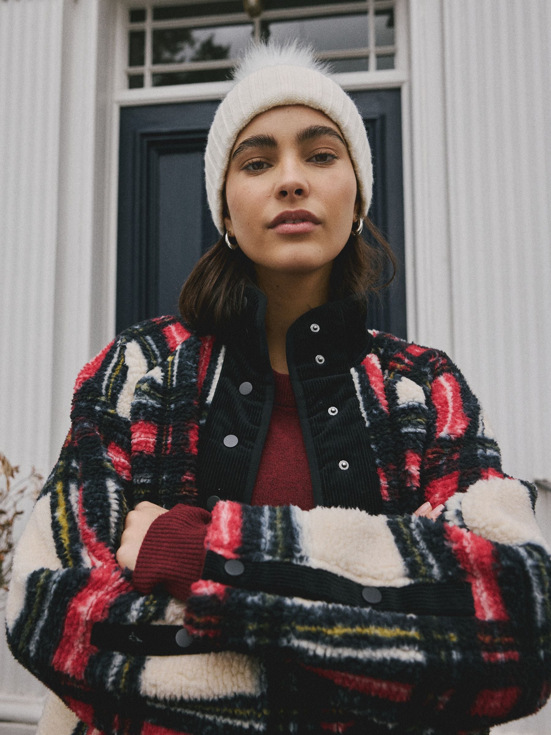 Ecru rib knit beanie with pom pom, imported from the UK