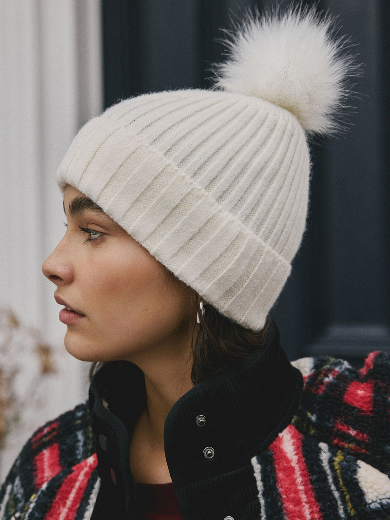 Ecru rib knit beanie with pom pom, imported from the UK