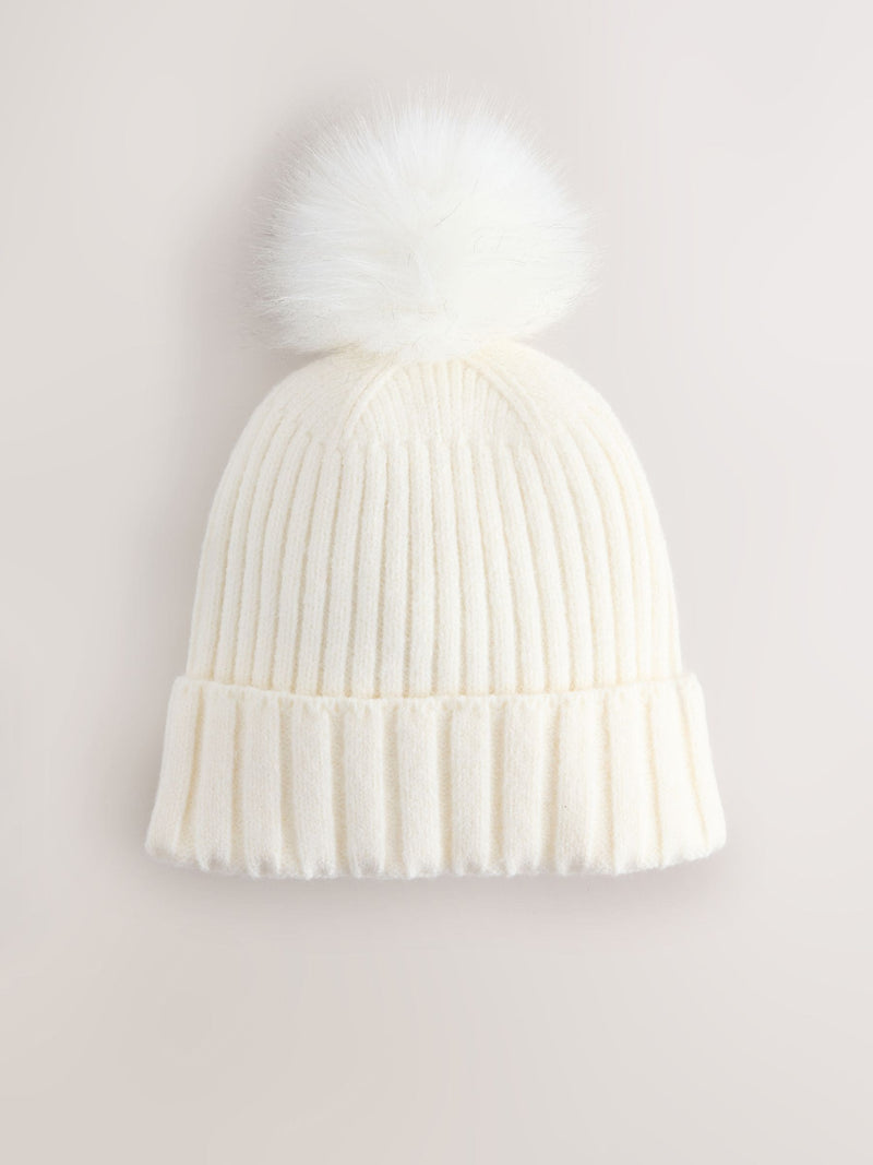 Ecru rib knit beanie with pom pom, imported from the UK