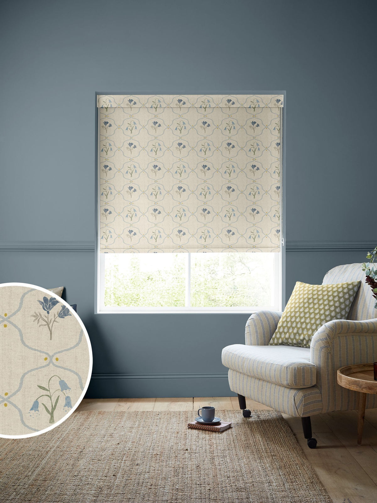 Emily Bond Steel Blue Margot floral roller blind - British product