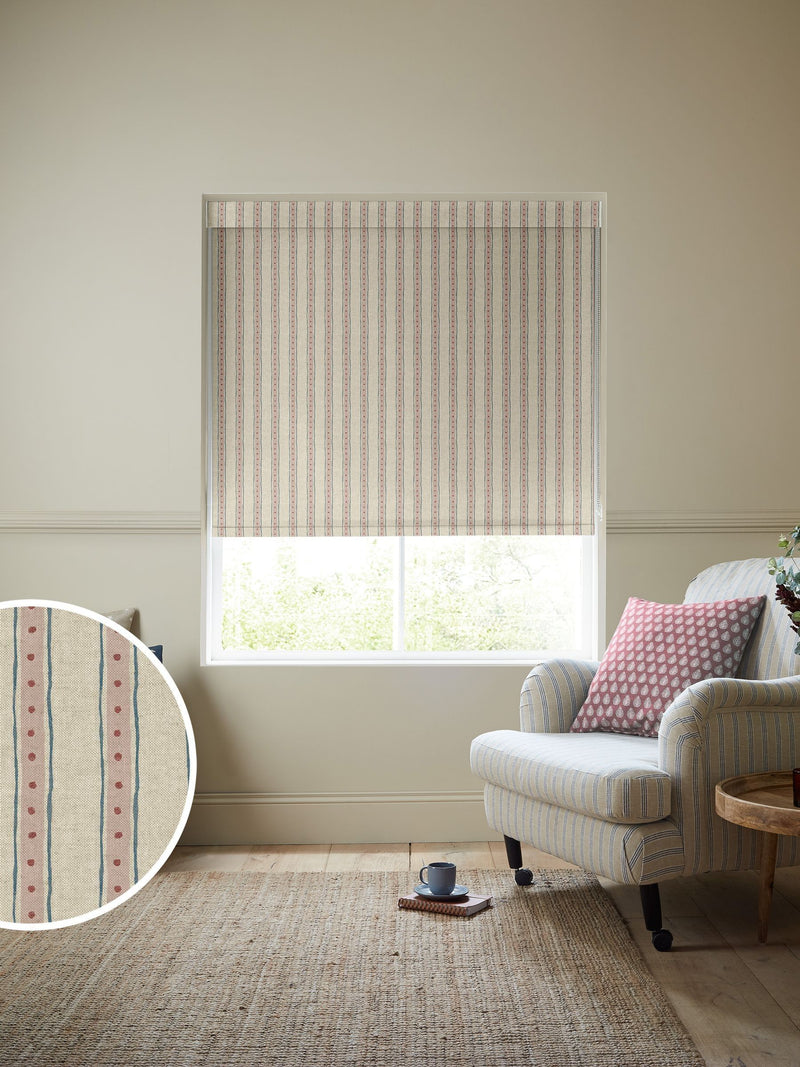 Emily Bond block printed stripe roller blind pink blue (British brand)