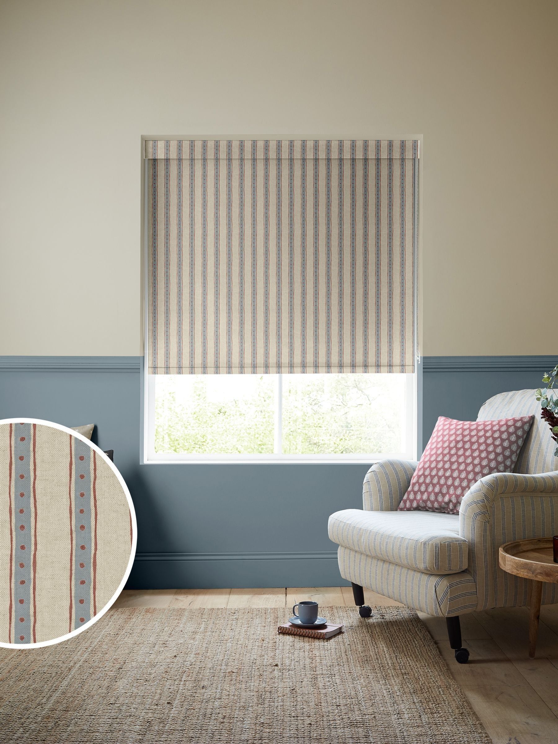 Emily Bond blue block printed stripe roller blind (British brand)
