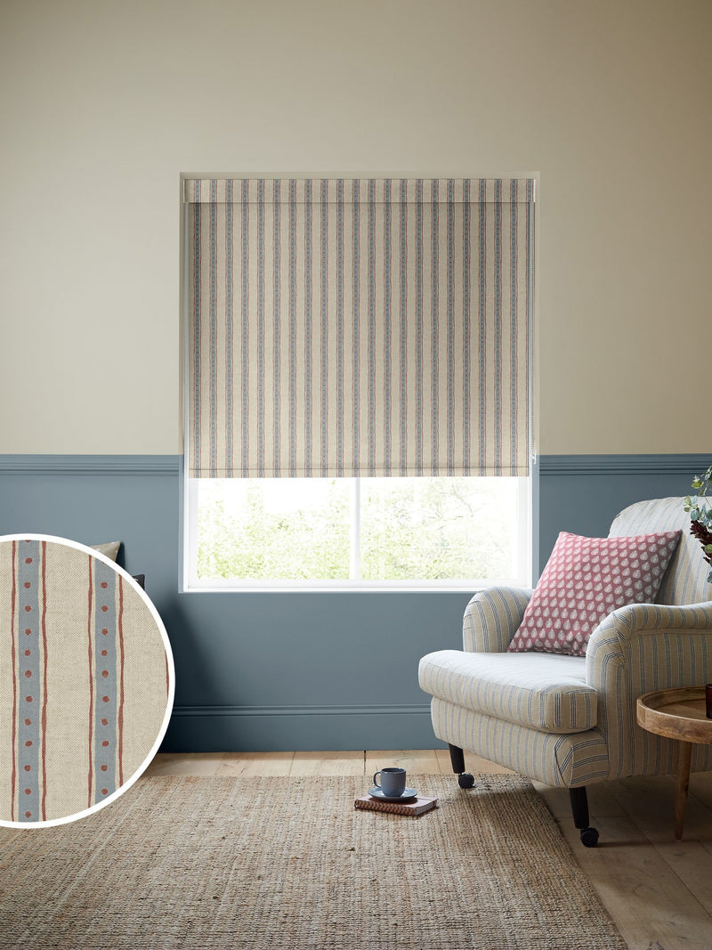 Emily Bond blue block printed stripe roller blind (British brand)