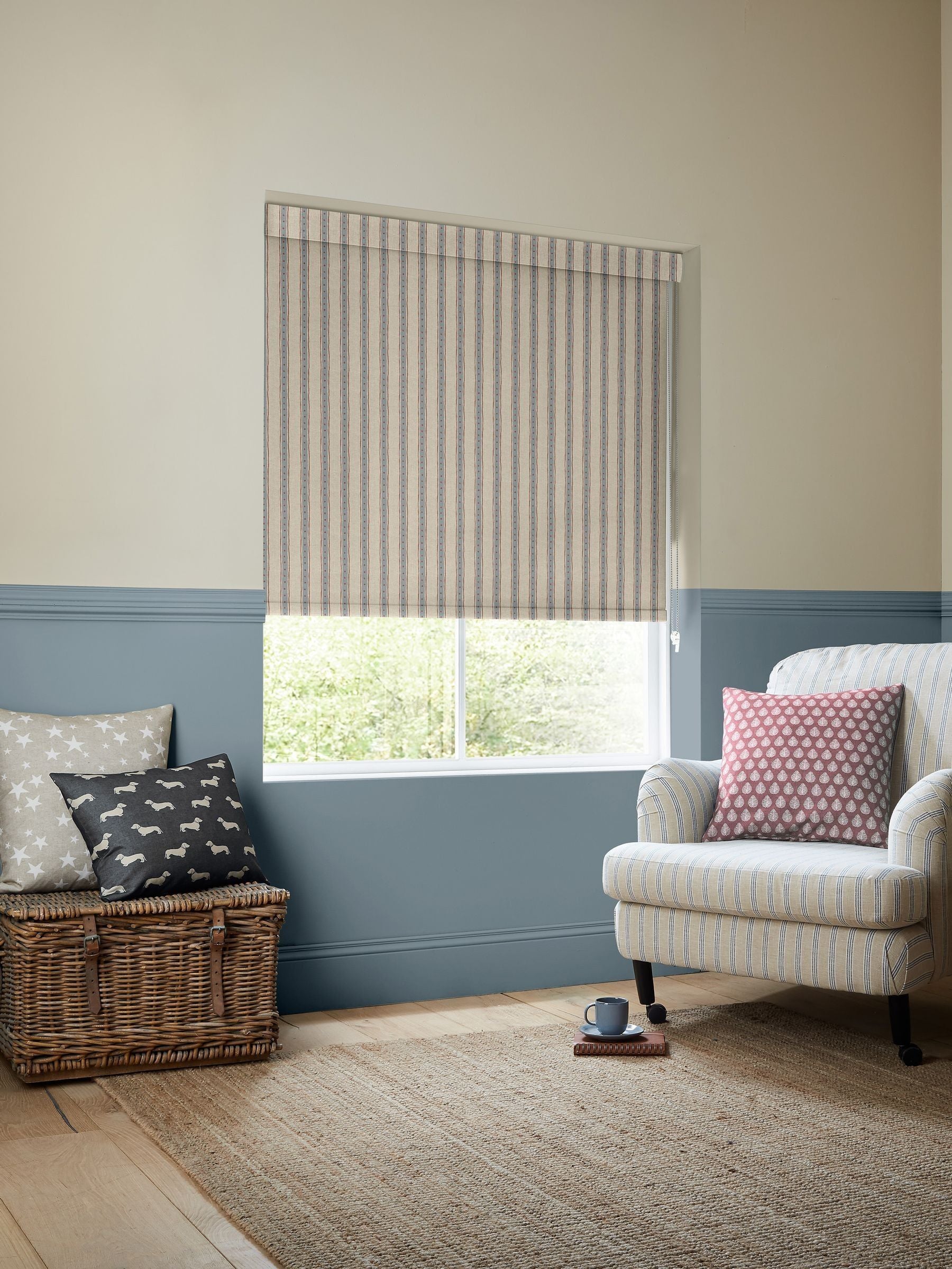 Emily Bond blue block printed stripe roller blind (British brand)