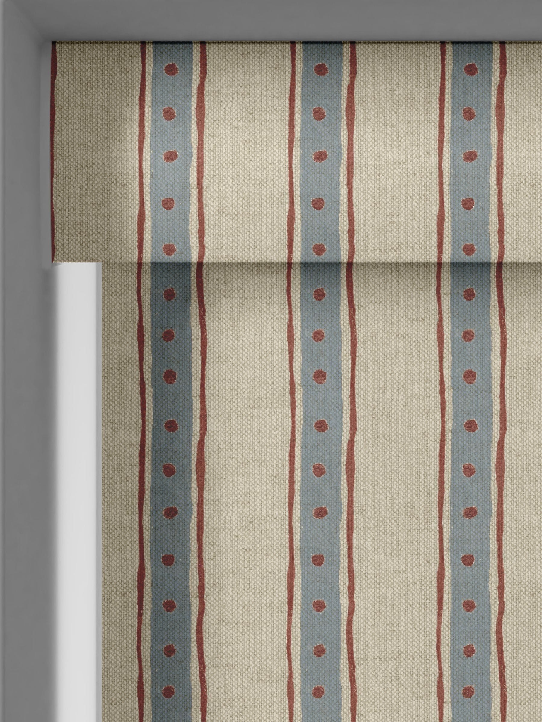 Emily Bond blue block printed stripe roller blind (British brand)