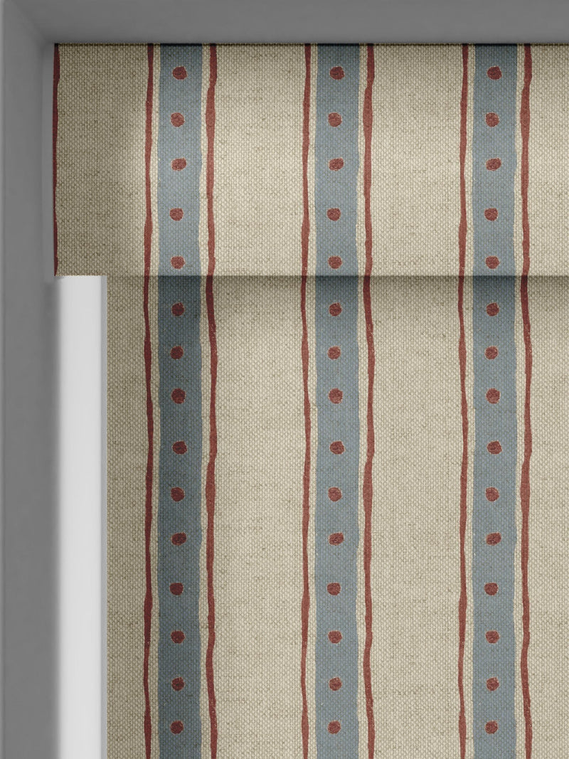 Emily Bond blue block printed stripe roller blind (British brand)