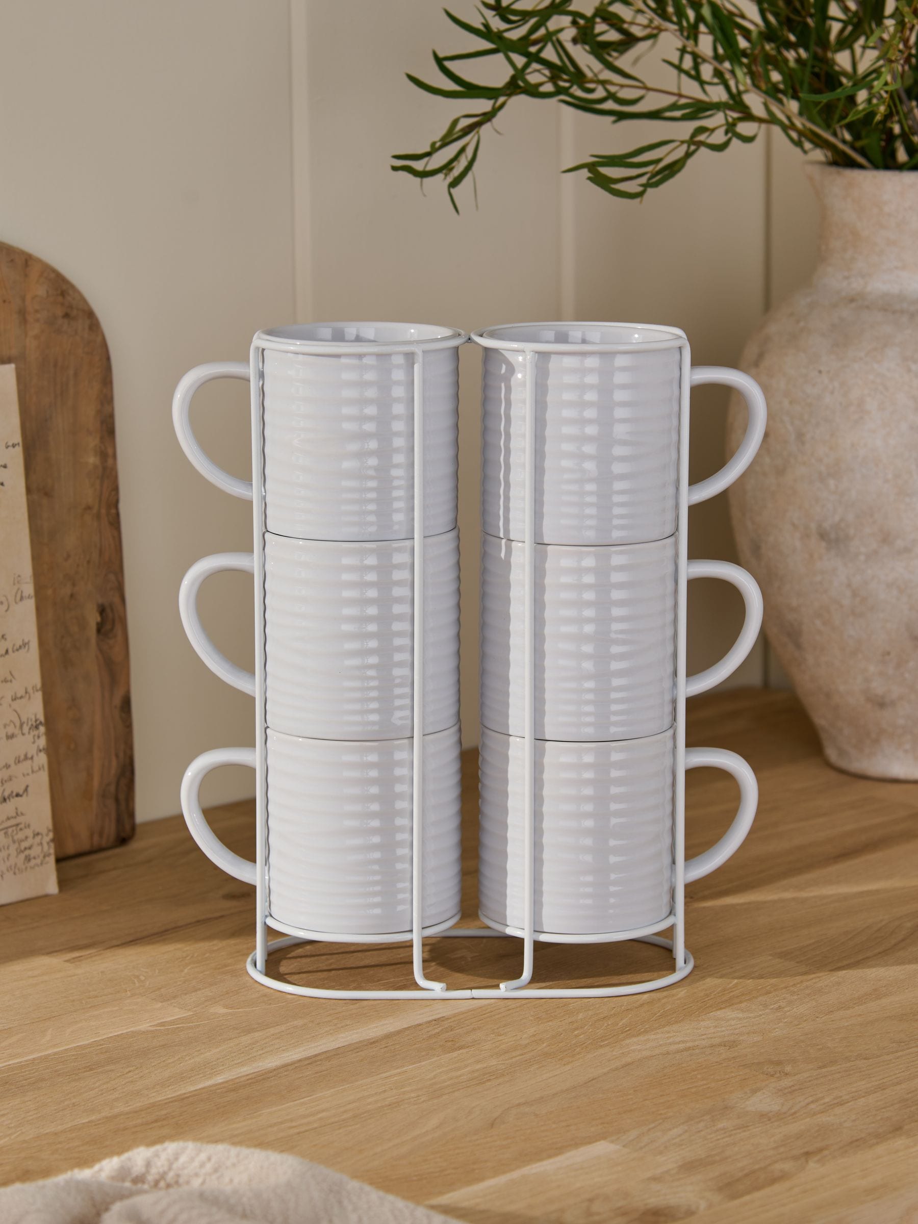 White Malvern stacking mugs set of 6 with metal stand - British product