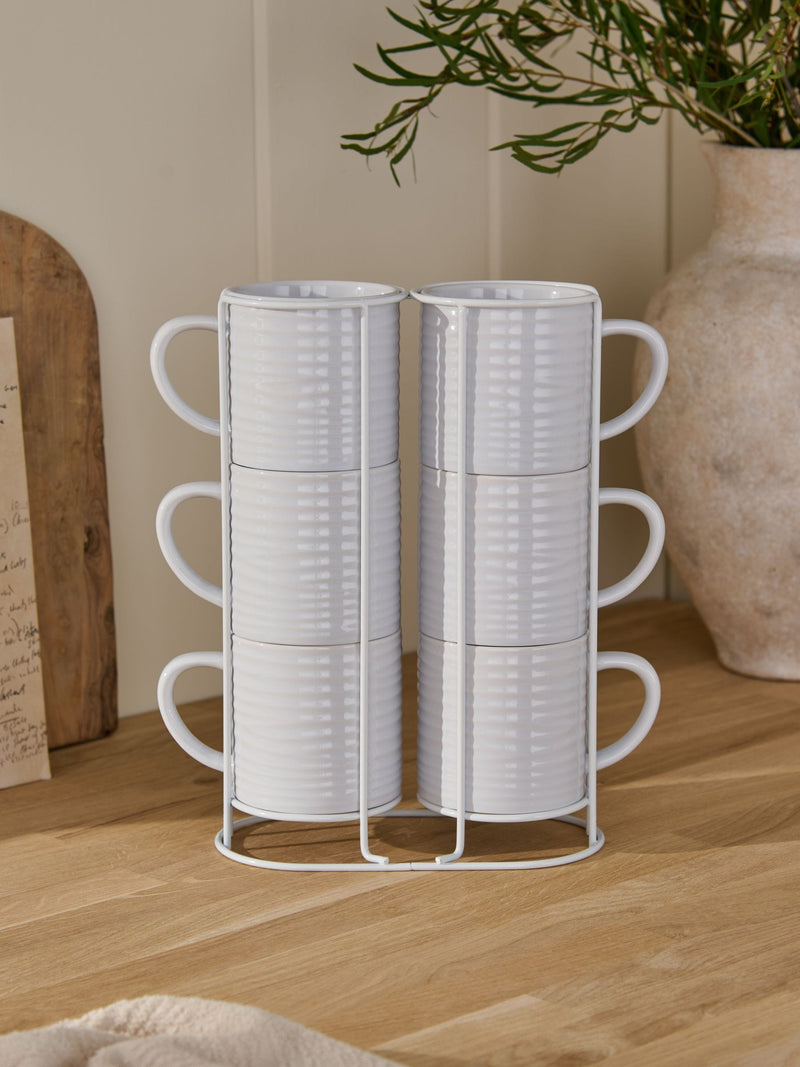 White Malvern stacking mugs set of 6 with metal stand - British product