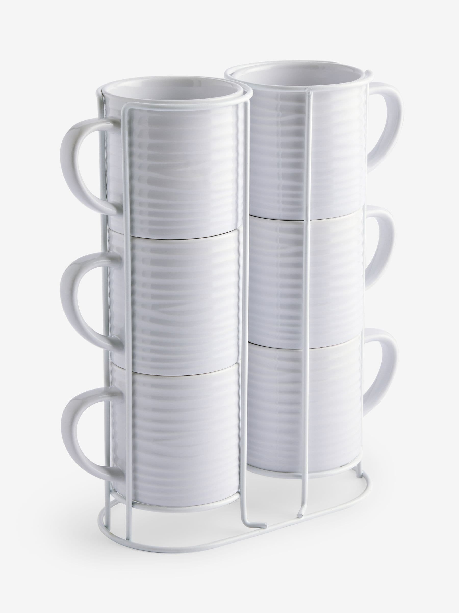 White Malvern stacking mugs set of 6 with metal stand - British product