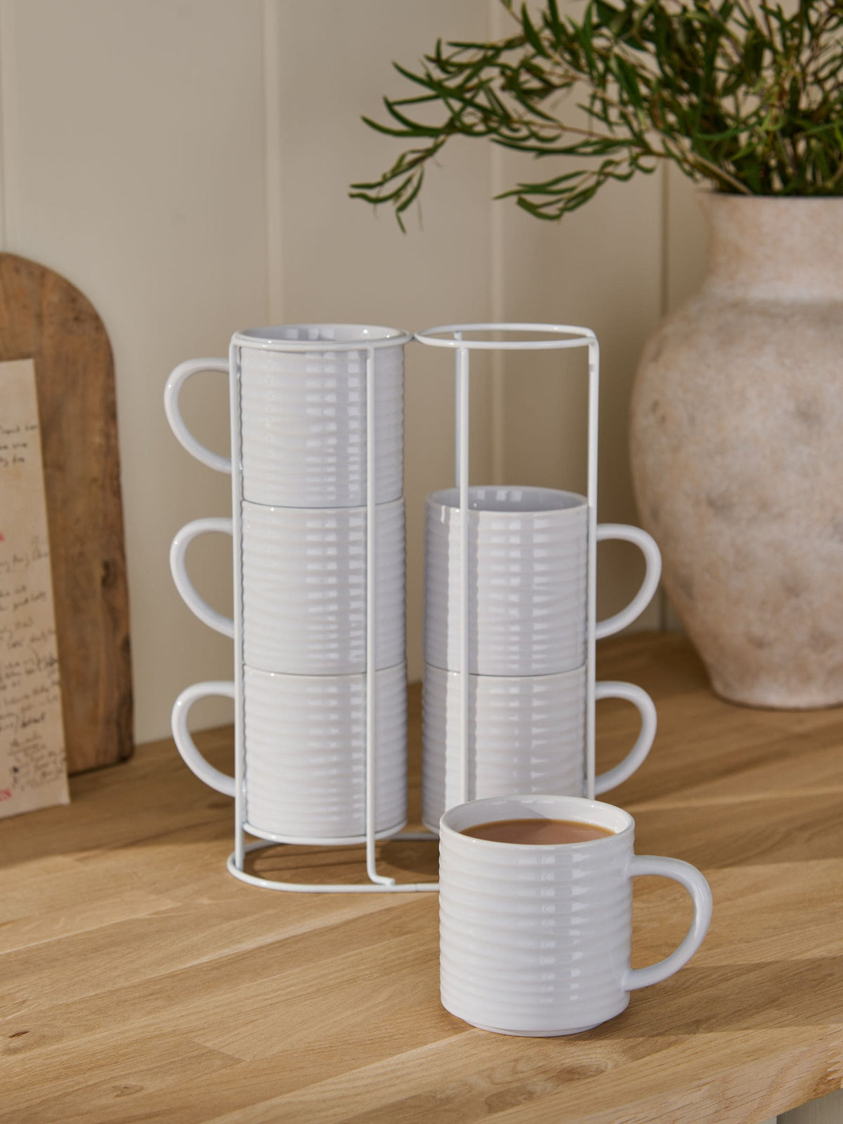 White Malvern stacking mugs set of 6 with metal stand - British product