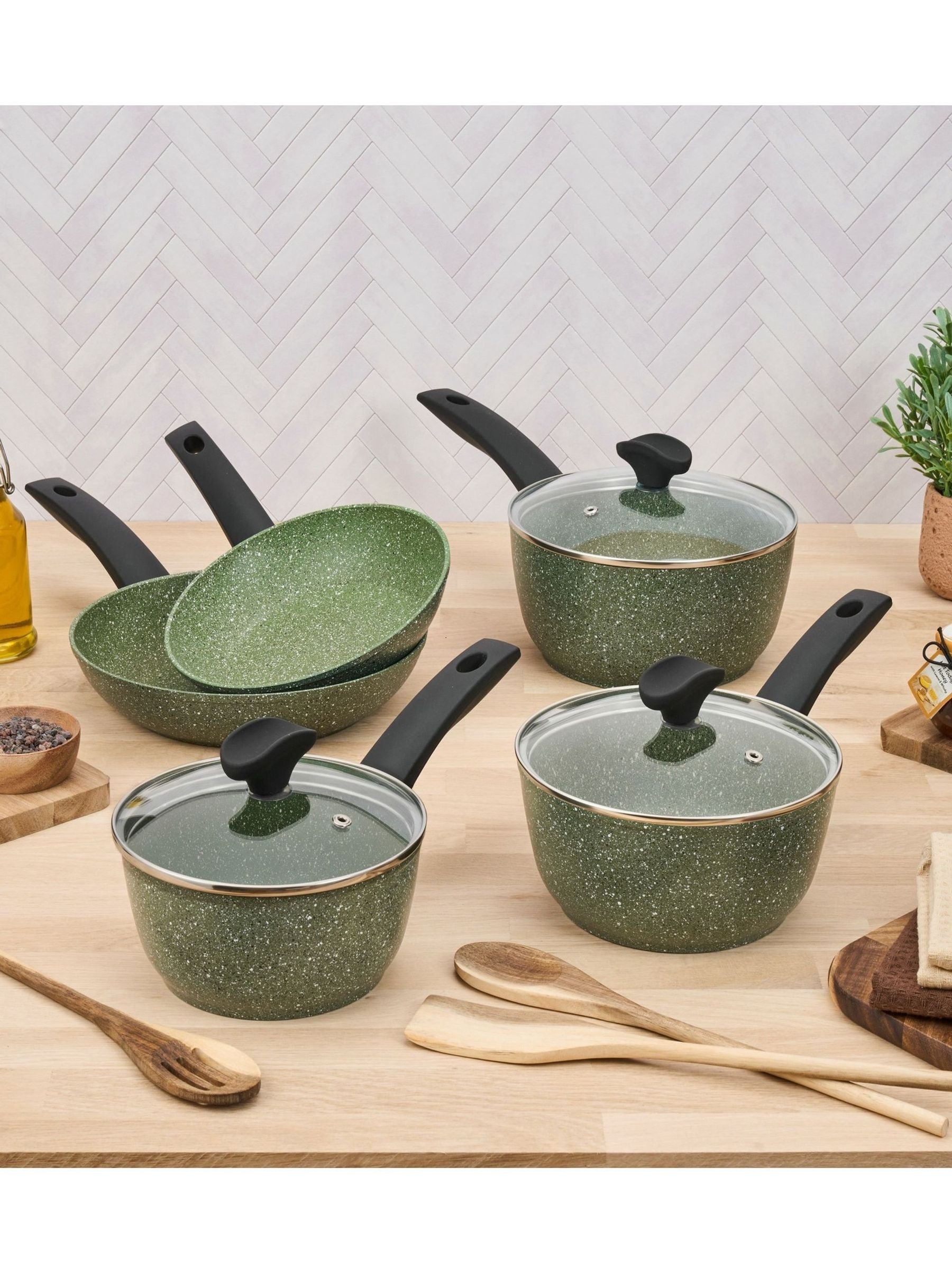 Prestige 5 piece green aluminium induction cookware set, imported from the UK
