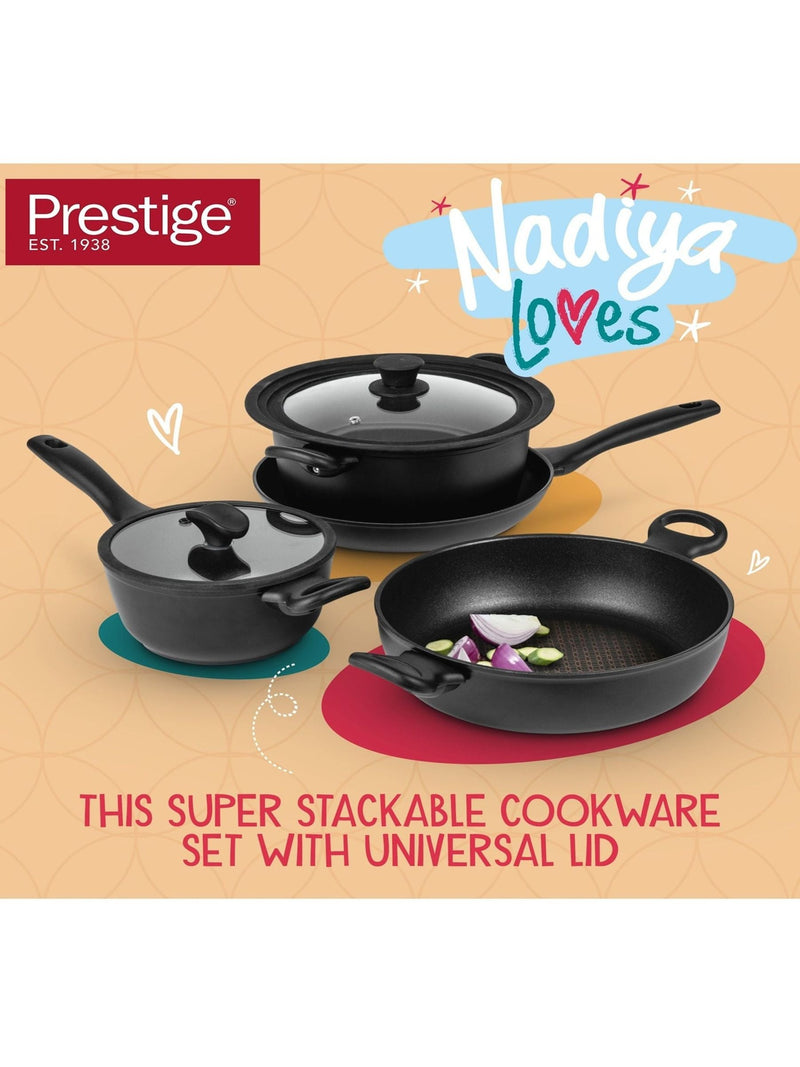 Prestige Black Nadiya 4-piece non-stick cookware set, imported from the UK