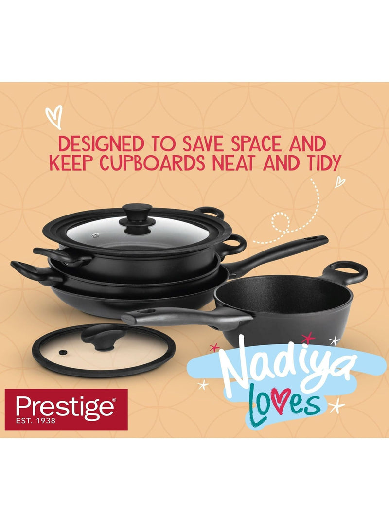 Prestige Black Nadiya 4-piece non-stick cookware set, imported from the UK